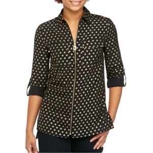 MICHAEL Michael Kors Black Blouse gold foil metallic logo print dog tag top